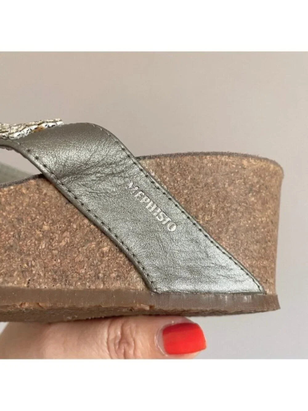 Mephisto Silver Rhinestone Leather Strap Wedge Milly Sandals - 38 / 7.5-8US